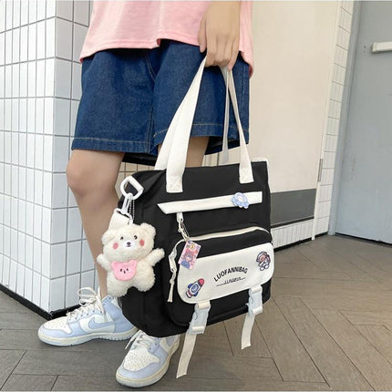 Women's Kawaii Black Shoulder Bag with Cute Bear Plush Charm and 4 Badges Large Capacity Nylon Tote School Handbag.