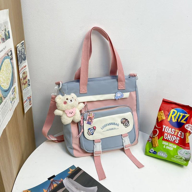 Women's Kawaii Blue Shoulder Bag with Cute Bear Plush Charm and 4 Badges Large Capacity Nylon Tote School Handbag.