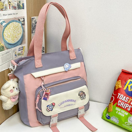 Women's Kawaii Purple Shoulder Bag with Cute Bear Plush Charm and 4 Badges Large Capacity Nylon Tote School Handbag.