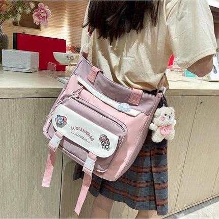 Women's Kawaii Purple Shoulder Bag with Cute Bear Plush Charm and 4 Badges Large Capacity Nylon Tote School Handbag.