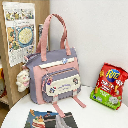 Women's Kawaii Purple Shoulder Bag with Cute Bear Plush Charm and 4 Badges Large Capacity Nylon Tote School Handbag.
