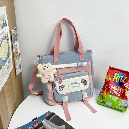 Women's Kawaii Purple Shoulder Bag with Cute Bear Plush Charm and 4 Badges Large Capacity Nylon Tote School Handbag.