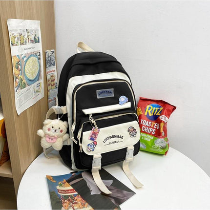 Women's Large Aesthetic School Backpack Black Nylon Daypack with Cute Bear Plushie & Pins For High School and University.