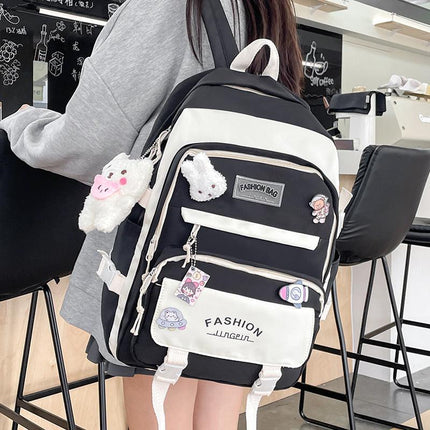 Women's Large Aesthetic School Backpack Black Nylon Daypack with Cute Bear Plushie & Pins For High School and University.
