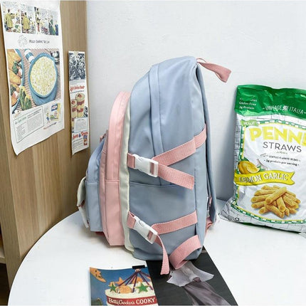 Women's Large Aesthetic School Backpack Black Nylon Daypack with Cute Bear Plushie & Pins For High School and University.