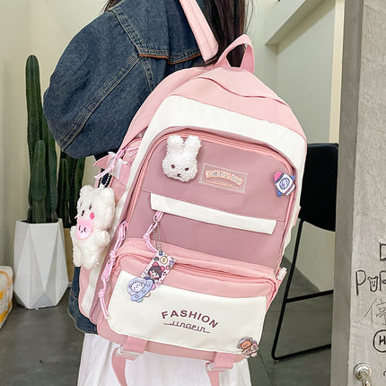 Women's Large Aesthetic School Backpack Pink Nylon Daypack with Cute Bear Plushie & Pins For High School and University.