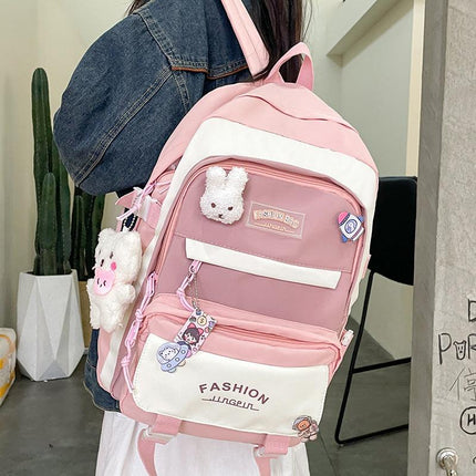 Women's Large Aesthetic School Backpack Pink Nylon Daypack with Cute Bear Plushie & Pins For High School and University.