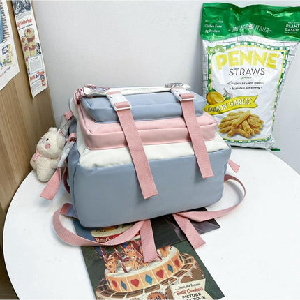 Women's Large Aesthetic School Backpack Pink Nylon Daypack with Cute Bear Plushie & Pins For High School and University.