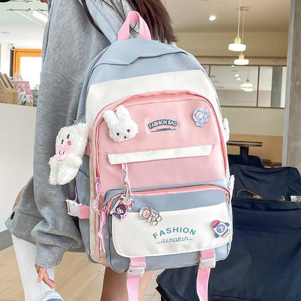 Women's Large Aesthetic School Backpack Blue Nylon Daypack with Cute Bear Plushie & Pins For High School and University.