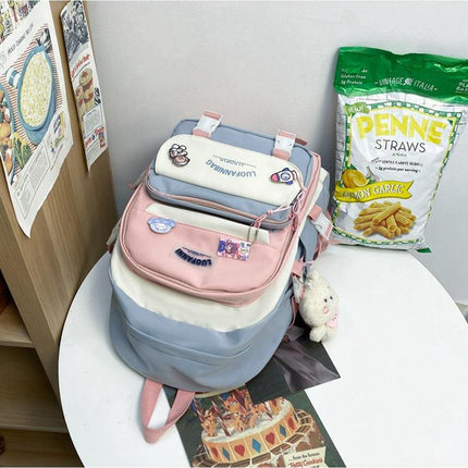 Women's Large Aesthetic School Backpack Blue Nylon Daypack with Cute Bear Plushie & Pins For High School and University.