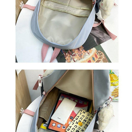 Women's Large Aesthetic School Backpack Blue Nylon Daypack with Cute Bear Plushie & Pins For High School and University.