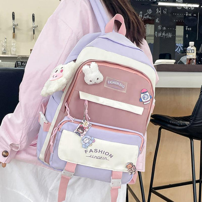 Women's Large Aesthetic School Backpack Purple Nylon Daypack with Cute Bear Plushie & Pins For High School and University.