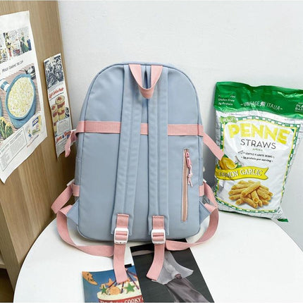 Women's Large Aesthetic School Backpack Purple Nylon Daypack with Cute Bear Plushie & Pins For High School and University.