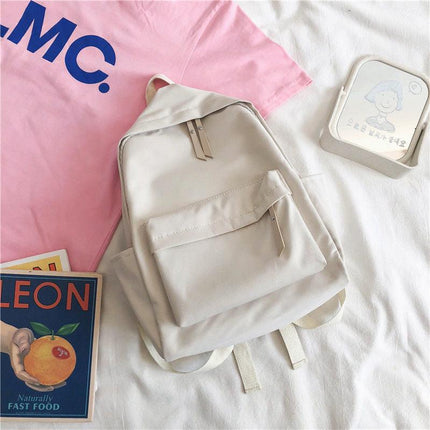 Aesthetic Off-white School Backpack with Cute Bear Plushie and Pin Large Capacity Nylon Laptop Daypack for High School and Uni Students.