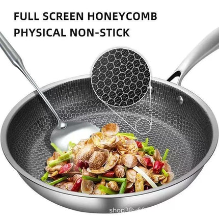 Stainless Steel Non-Stick Frying Pan 28CM Honeycomb Wok Skillet with Lid Induction Compatible Cookware Silver.