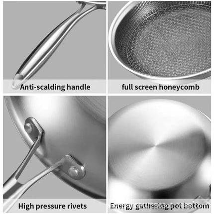 Stainless Steel Non-Stick Frying Pan 28CM Honeycomb Wok Skillet with Lid Induction Compatible Cookware Silver.