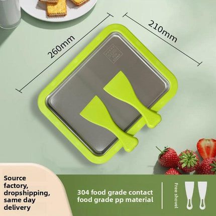 Green DIY Rolled Ice Cream Maker Pan Instant Frozen Yoghurt & Sorbet Tray 304 Stainless Steel No Electricity Required with Spatulas.