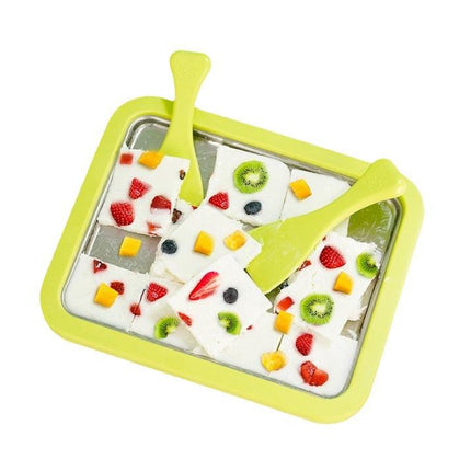 Green DIY Rolled Ice Cream Maker Pan Instant Frozen Yoghurt & Sorbet Tray 304 Stainless Steel No Electricity Required with Spatulas.