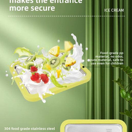 Green DIY Rolled Ice Cream Maker Pan Instant Frozen Yoghurt & Sorbet Tray 304 Stainless Steel No Electricity Required with Spatulas.