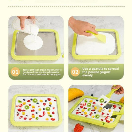 Green DIY Rolled Ice Cream Maker Pan Instant Frozen Yoghurt & Sorbet Tray 304 Stainless Steel No Electricity Required with Spatulas.