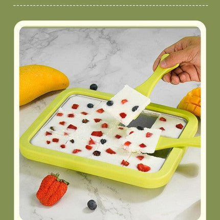 Green DIY Rolled Ice Cream Maker Pan Instant Frozen Yoghurt & Sorbet Tray 304 Stainless Steel No Electricity Required with Spatulas.
