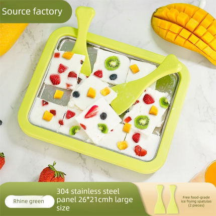 White DIY Rolled Ice Cream Maker Pan Instant Frozen Yoghurt & Sorbet Tray 304 Stainless Steel No Electricity Required with Spatulas.