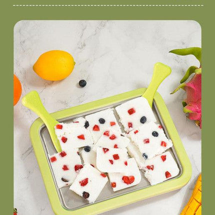 White DIY Rolled Ice Cream Maker Pan Instant Frozen Yoghurt & Sorbet Tray 304 Stainless Steel No Electricity Required with Spatulas.