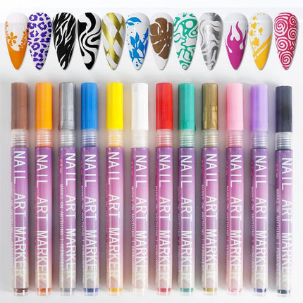 12 Piece Nail Art Graffiti Pen Set Acrylic Fine Tip Paint Markers for DIY Manicure & Salon Designs Waterproof Quick Dry.