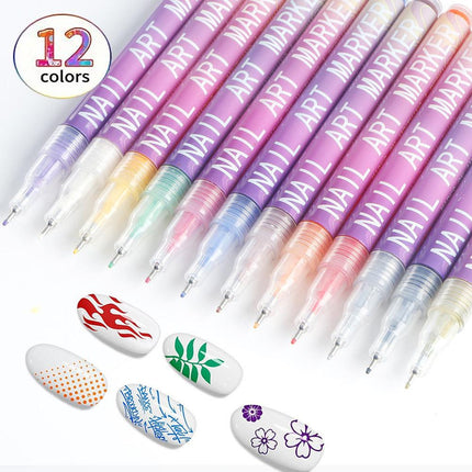 12 Piece Nail Art Graffiti Pen Set Acrylic Fine Tip Paint Markers for DIY Manicure & Salon Designs Waterproof Quick Dry.