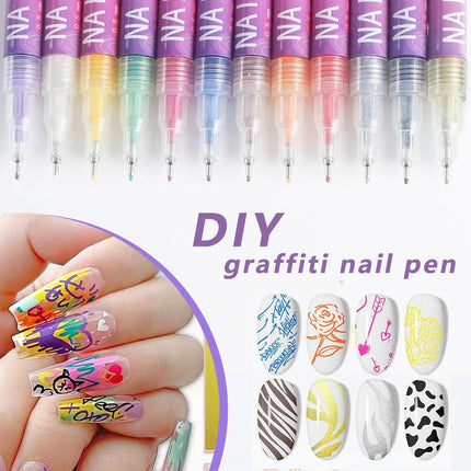 12 Piece Nail Art Graffiti Pen Set Acrylic Fine Tip Paint Markers for DIY Manicure & Salon Designs Waterproof Quick Dry.