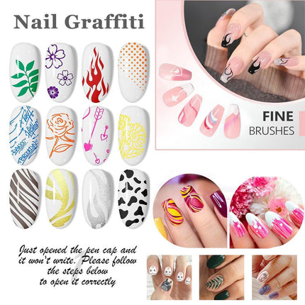 12 Piece Nail Art Graffiti Pen Set Acrylic Fine Tip Paint Markers for DIY Manicure & Salon Designs Waterproof Quick Dry.