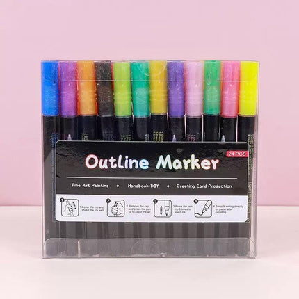 24 Piece Double Line Outline Pen Set Glitter Paint Markers 12 Colors Self-Outline Metallic Shimmer Pens for DIY Crafts Cards.