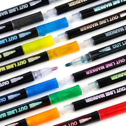 24 Piece Double Line Outline Pen Set Glitter Paint Markers 12 Colors Self-Outline Metallic Shimmer Pens for DIY Crafts Cards.