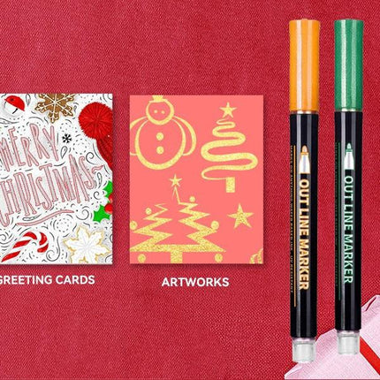 24 Piece Double Line Outline Pen Set Glitter Paint Markers 12 Colors Self-Outline Metallic Shimmer Pens for DIY Crafts Cards.