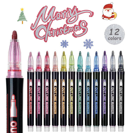 24 Piece Double Line Outline Pen Set Glitter Paint Markers 12 Colors Self-Outline Metallic Shimmer Pens for DIY Crafts Cards.