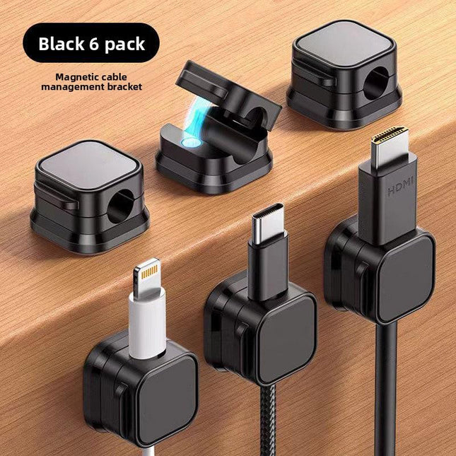 Black 6-Pack Magnetic Cable Organiser Clips Desktop Cord Management for Phone Charger USB Cable Holder.