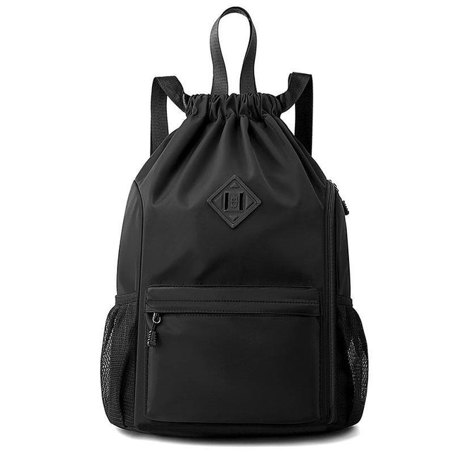 Large Drawstring Backpack Waterproof Gym Bag Lightweight Sports Sackpack with Zipper Pockets for Travel and Swimming Black.