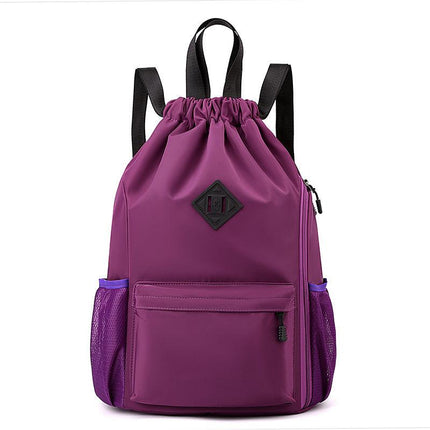 Large Drawstring Backpack Waterproof Gym Bag Lightweight Sports Sackpack with Zipper Pockets for Travel and Swimming Purple.