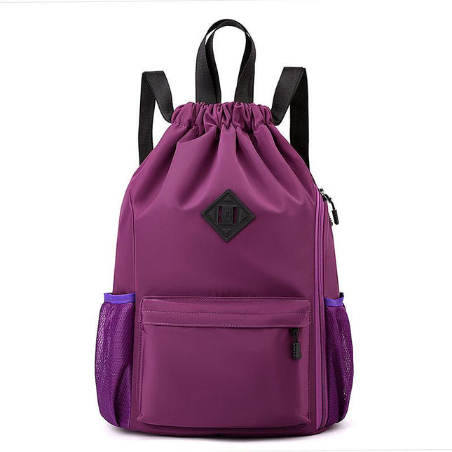 Large Drawstring Backpack Waterproof Gym Bag Lightweight Sports Sackpack with Zipper Pockets for Travel and Swimming Purple.