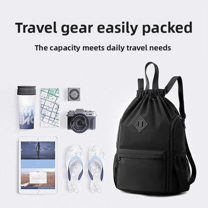 Large Drawstring Backpack Waterproof Gym Bag Lightweight Sports Sackpack with Zipper Pockets for Travel and Swimming Purple.