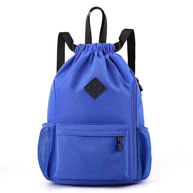 Large Drawstring Backpack Waterproof Gym Bag Lightweight Sports Sackpack with Zipper Pockets for Travel and Swimming Royal Blue.