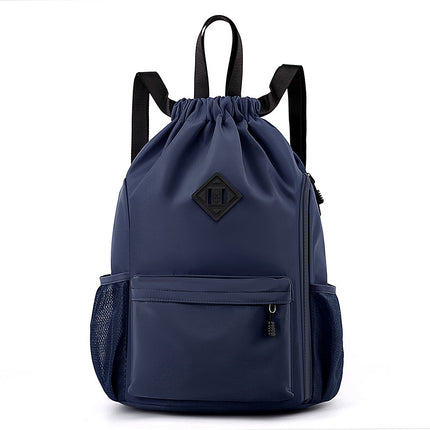 Large Drawstring Backpack Waterproof Gym Bag Lightweight Sports Sackpack with Zipper Pockets for Travel and Swimming navy blue.