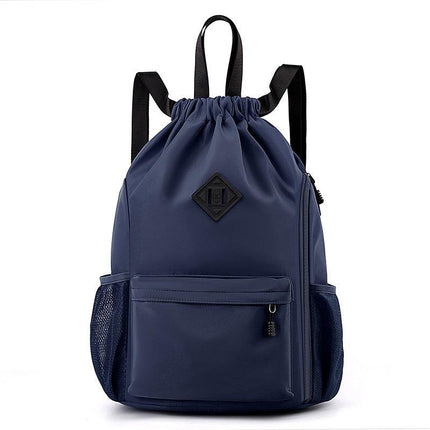 Large Drawstring Backpack Waterproof Gym Bag Lightweight Sports Sackpack with Zipper Pockets for Travel and Swimming navy blue.