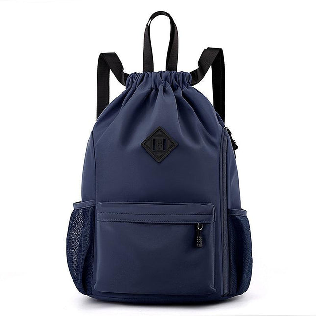 Large Drawstring Backpack Waterproof Gym Bag Lightweight Sports Sackpack with Zipper Pockets for Travel and Swimming navy blue.