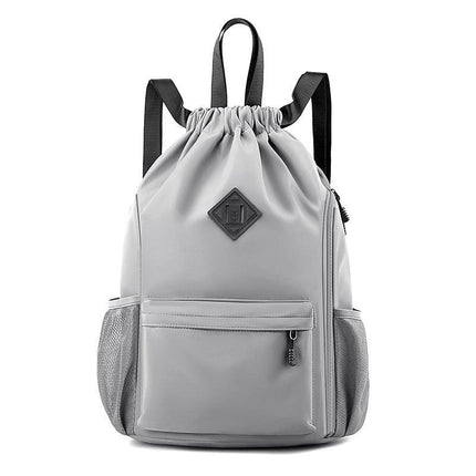 Large Drawstring Backpack Waterproof Gym Bag Lightweight Sports Sackpack with Zipper Pockets for Travel and Swimming Gray.