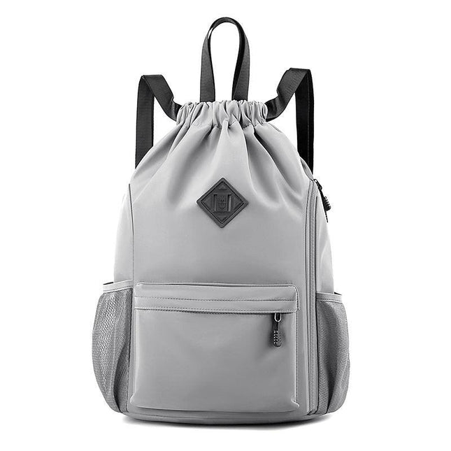 Large Drawstring Backpack Waterproof Gym Bag Lightweight Sports Sackpack with Zipper Pockets for Travel and Swimming Gray.