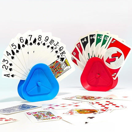Triangle Playing Card Holders 4 Pack Hands Free Game Organizers for Kids Seniors and Adults Ideal for Family Poker Nights.