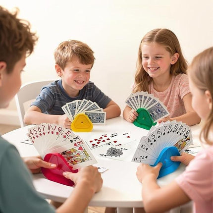 Triangle Playing Card Holders 4 Pack Hands Free Game Organizers for Kids Seniors and Adults Ideal for Family Poker Nights.