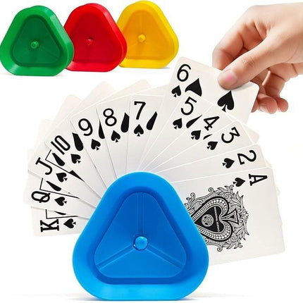 Triangle Playing Card Holders 4 Pack Hands Free Game Organizers for Kids Seniors and Adults Ideal for Family Poker Nights.