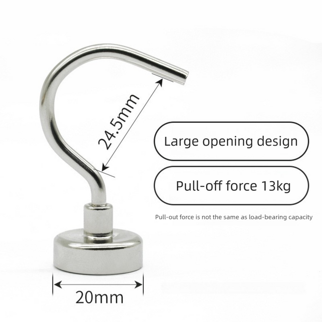 Neodymium Magnetic Hooks 20mm Base Large Open Mouth Hanger Heavy Duty Magnet for Fridge Kitchen BBQ Grill Utensils and Keys Silver.